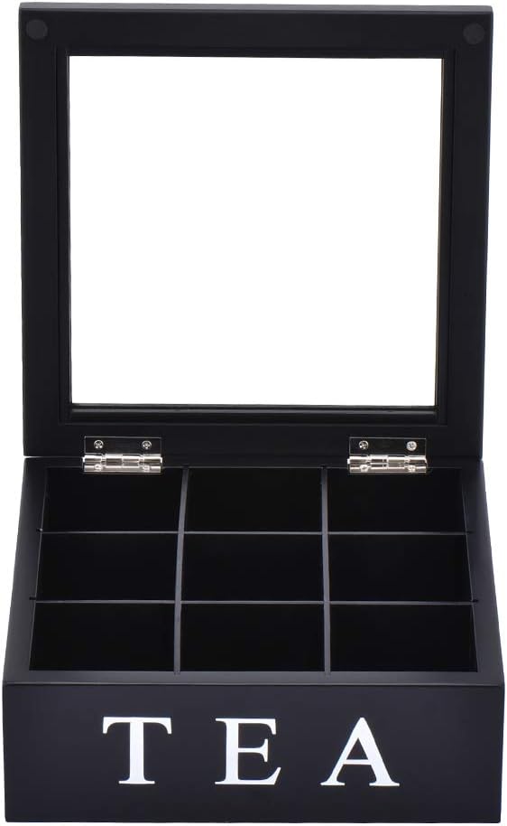 Wood Tea Storage Box, Teabag Storing 9 Compartments Wooden Tea Box Hinged Glass Lid Tea Organizer-Black - Image 3