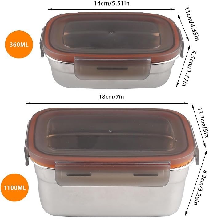 Pack of 2 Stainless Steel Food Storage Containers with Lid, 1100 ml + 360 ml, Food Storage Box, for Picnic and Travel, Reusable and Stackable - Image 2