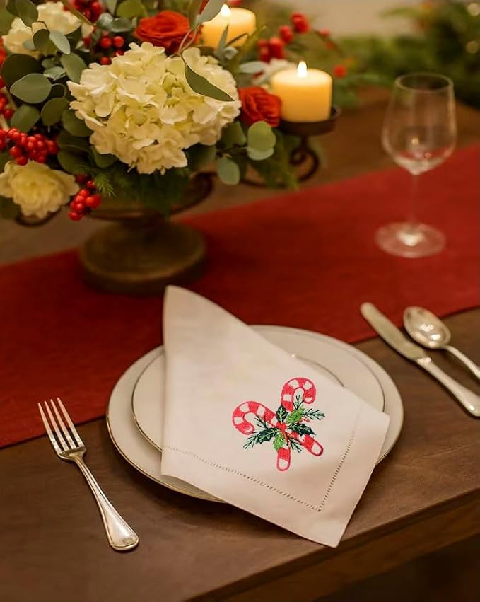 – Embroidered Cloth Napkins Double Candy Christmas Design, Set of 6, Cotton Hemstitch Table Napkins 20x20, Machine Washable – Festive & Elegant Holiday Dining, Ideal Gift Idea - Image 5