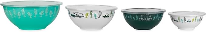 Camco Life is Better at The Campsite Nesting Bowl Set, Includes (4) Durable Melamine Bowls with (4) Plastic Lids Suitable for On-The-Go Lifestyles by Camco
