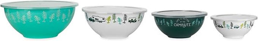 Camco Life is Better at The Campsite Nesting Bowl Set, Includes (4) Durable Melamine Bowls with (4) Plastic Lids Suitable for On-The-Go Lifestyles by Camco