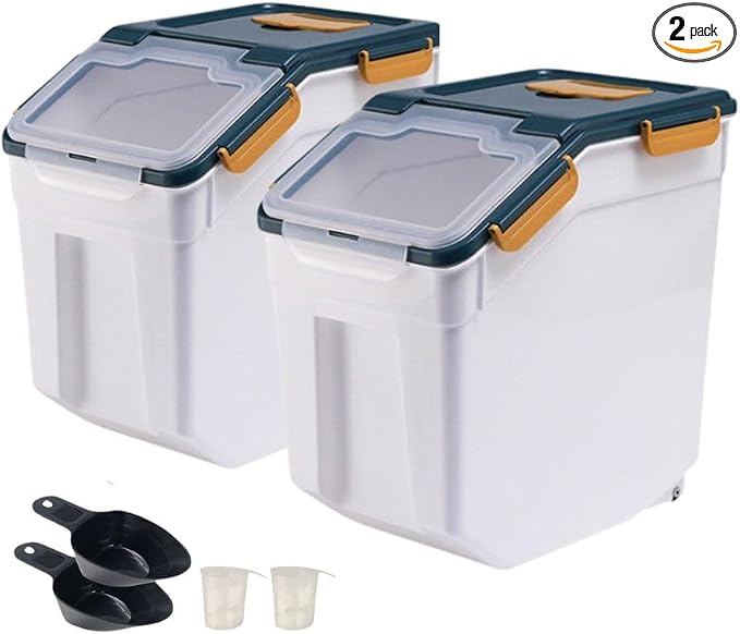 2 Pack 25lbs Rice Container with Wheels, Large Flour and Grain Storage Container with Lid, Measuring Cup and Scoop, Plastic Food Storage Bin for Kitchen Pantry (Dark Blue) by Mairuker
