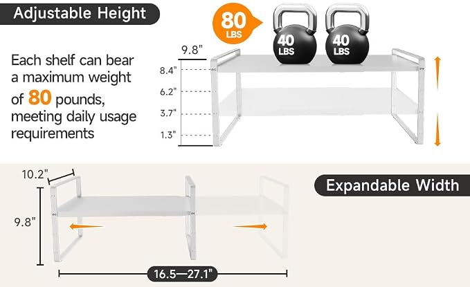 16.5~27.1" Expandable Shelf，2Pack 10.2" Wide Adjustable Height Cabinet Shelves，White - Image 6