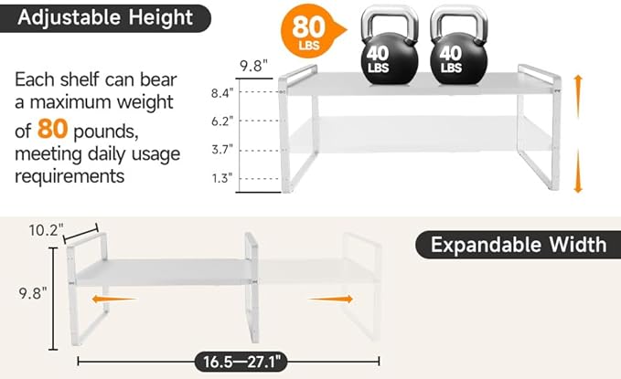 16.5~27.1" Expandable Shelf，1Pack 8.1" Wide Adjustable Height Cabinet Shelves，White - Image 6