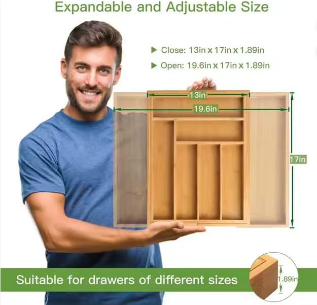 Kitchen Drawer Organizer Expandable Bamboo, Utensil Organizer for Kitchen Drawer, Adjustable Silverware Organizer Tray 13–19.6”, Wooden Cutlery Drawer Organizer, Deep Compartments 2 PACK - Image 3