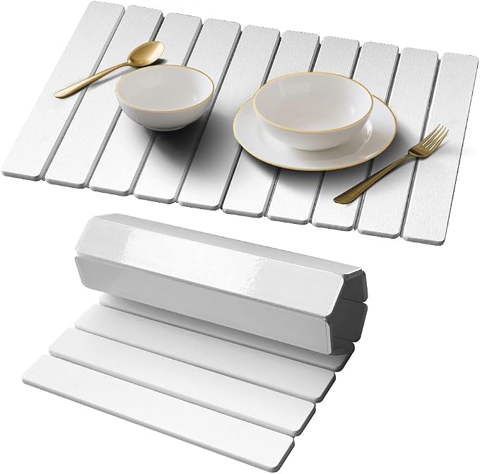 Stone Drying Mat for Kitchen Counter, Quick Diatomaceous Earth Mats for Dishes, 24"L x 16" W Super Absorbent Fast-Drying Collapsible Countertop Stone Mat (White, 24" x 16") by Unknown