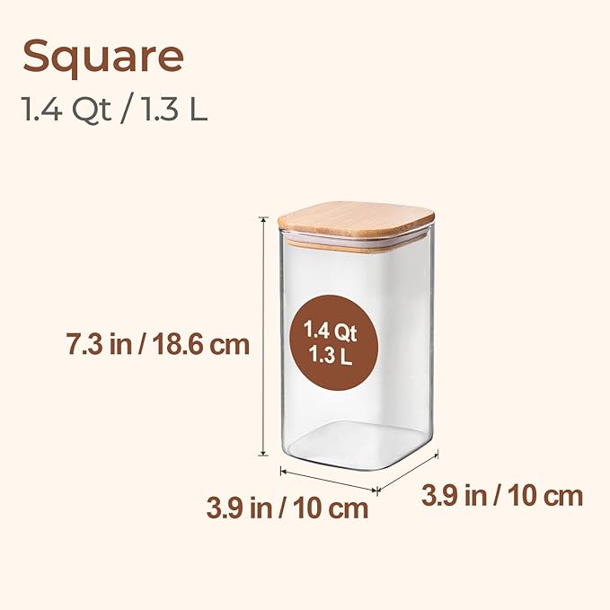 ComSaf Glass Storage Containers wtih Lids 1.4 Qt, Set of 3 Galss Jars | Glass Pantry Storage Containers, Square Kitchen Canisters, Lid with Silicone Seal, Cookie, Cereal, Coffee, 44oz, BPA Free - Image 2