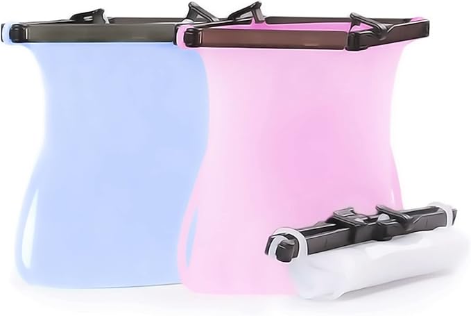 Reusable Silicone Stand-Up Food Storage Bags (Set of 3) Airtight Leakproof Microwave Freezer Dishwasher Safe Bags (Blue + Pink + White, 33 Oz) by WISELLYReusableProducts