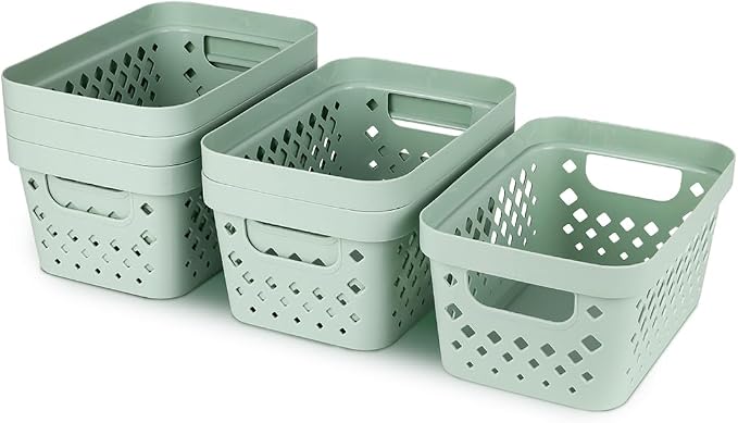 Glad Plastic Baskets for Organizing, Set of 6 | Pantry Storage for Under Counter, Linen Closet, and Bathroom | Nesting Shelf Bins with Handles, 1 Gallon, Sage - Image 6