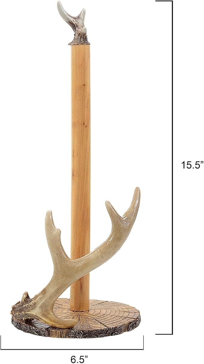 Towel Holder - Vintage Rustic Kitchen Décor - 15.5" x 6.5" 6.5" Dia.x15.5 H | Wood. RUSTIC KITCHEN CHARM: Add an authentic touch to your kitchen with this paper towel holder, featuring faux antler - Image 2