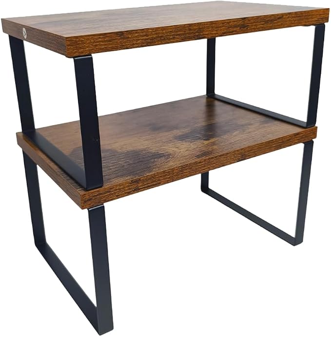 Sben Cabinet Organizer Shelf, Set of 2 Kitchen Counter Shelves, Kitchen Storage, Spice Rack, Stackable, Expandable, Metal and Engineered Wood, Ink Black and Rustic Brown by SBEN