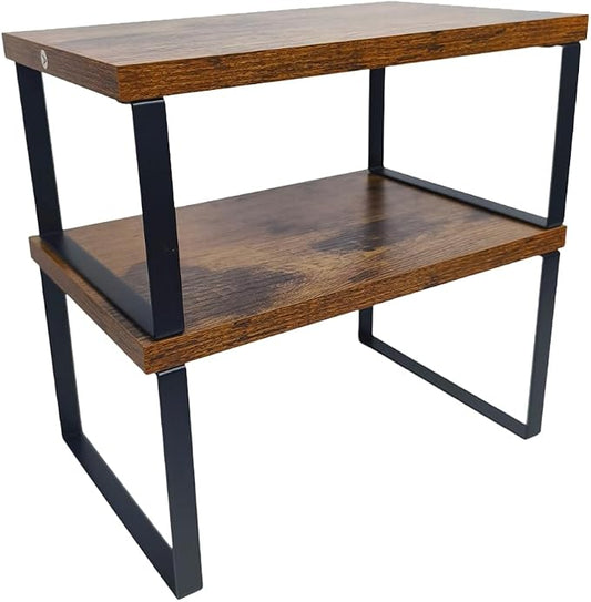 Sben Cabinet Organizer Shelf, Set of 2 Kitchen Counter Shelves, Kitchen Storage, Spice Rack, Stackable, Expandable, Metal and Engineered Wood, Ink Black and Rustic Brown by SBEN