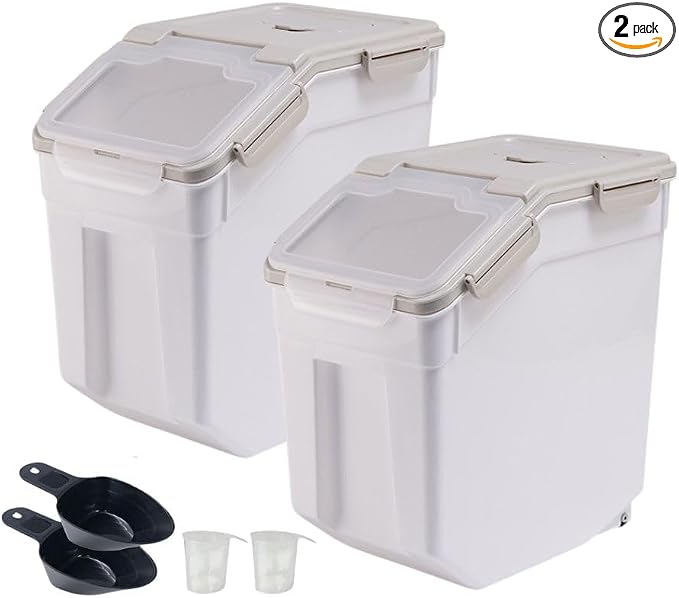 2 Pack Rice Storage Container 25 lbs, Airtight Flour Storage Containers with Lid and Wheels, Measuring Cup & Scoop, BPA Free, Bulk Food Dispenser for Sugar, Grain, Cereal, Dog Food (Grey) by Mairuker
