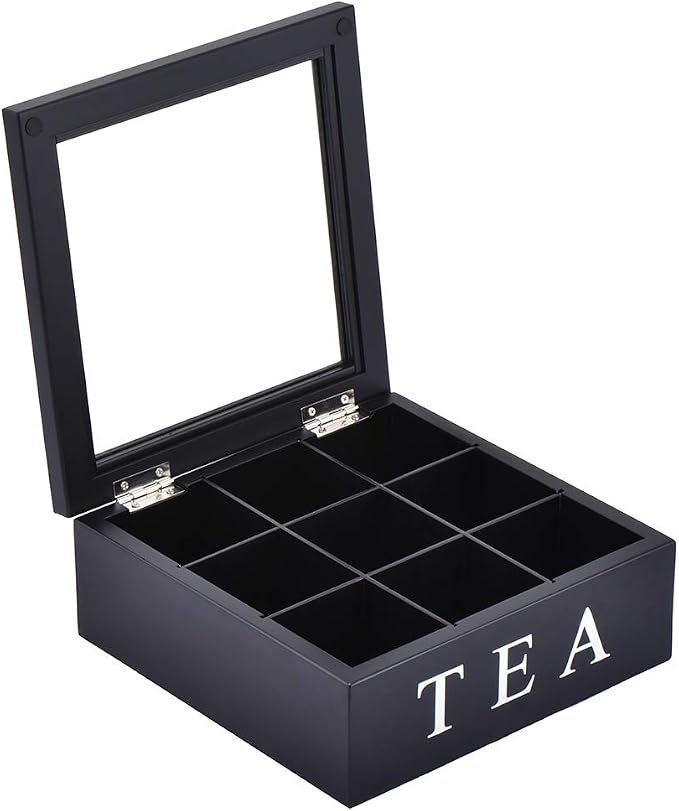 Wood Tea Storage Box, Teabag Storing 9 Compartments Wooden Tea Box Hinged Glass Lid Tea Organizer-Black - Image 6