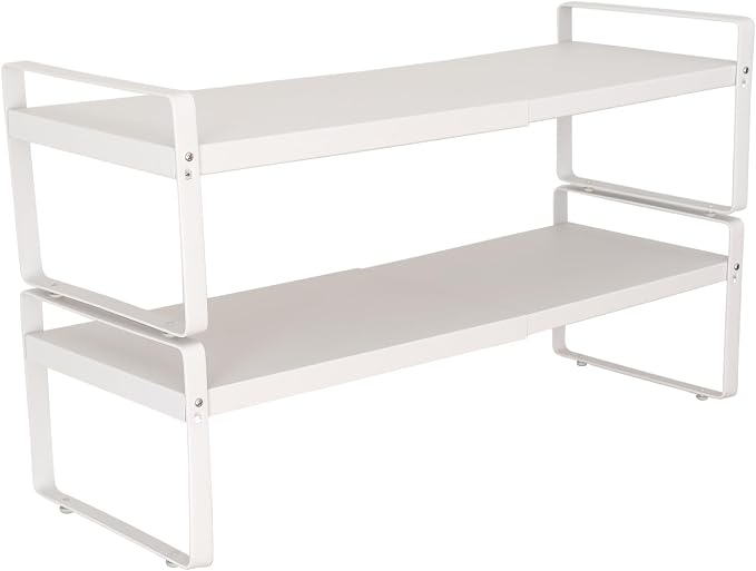 Set of 2 White Kitchen Countertop Shelves, Expandable Cabinet Shelf Organizers, Stackable Metal Pantry Storage Shelves for Spice Rack, Cupboard by Unknown