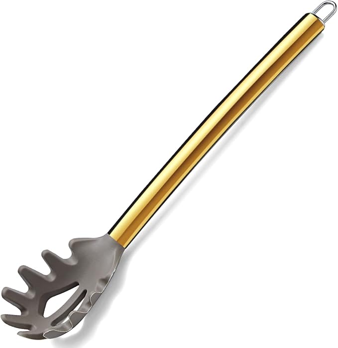 Gold Spaghetti Spoon, Berglander Non-stick Silicone Pasta Server With Titanium Gold Plating Handle, Spaghetti Server For Cooking, Pasta Fork, Noddle Fork, Dishwasher Safe, Easy to Clean by Berglander