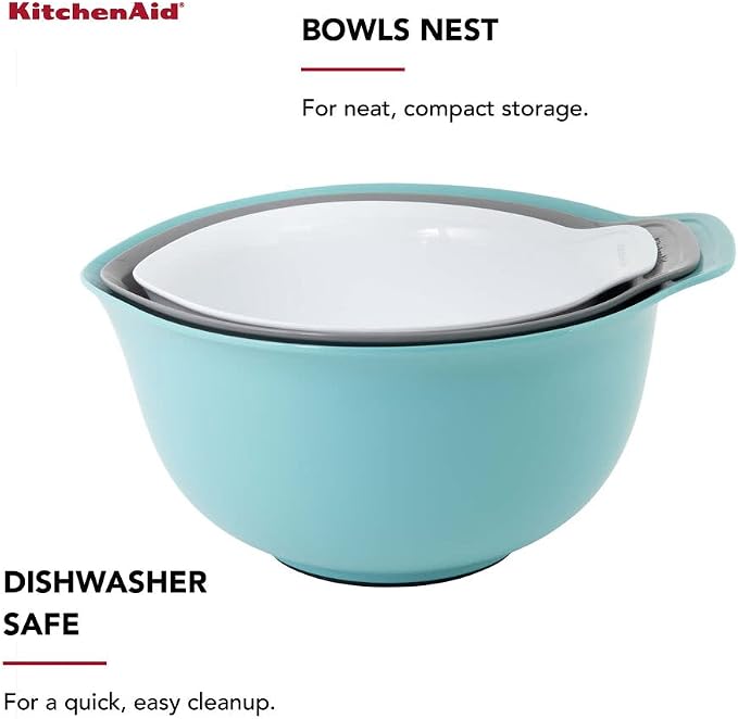 KitchenAid Universal Nesting Plastic Mixing Bowls,Set Of 3,2.5 quart,3.5 quart,4.5-quart,Non Slip Base with Easy Pour Spout to Reduce Mess,Dishwasher Safe,Aqua Sky,White,Gray,(Pack of 2) - Image 5
