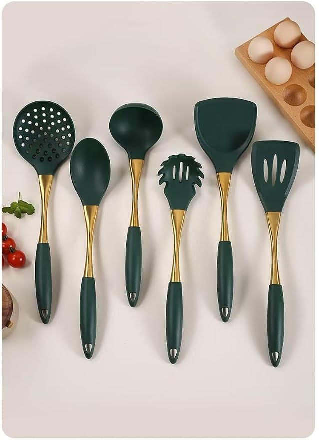 8-Piece Silicone Kitchen Utensil Set, White and Gold, Heat Resistant Cooking Tools with Comfort Handles- Includes Spatula & Spoon for Nonstick Cookware (Green & Gold) - Image 9