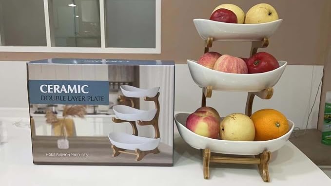 YYW 3 Tier Ceramic Fruit Basket with Bamboo Wood Stand for Kitchen Counter | Large Capacity Porcelain Fruit Bowl for Storing Fruits, Vegetables, Bread, and Snacks. Durable and Stylish Kitchen Storage - Image 7