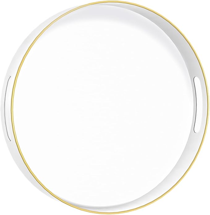 13" White Decorative Tray, Plastic Round Serving Tray with Handles | Decorative Tray for Coffee Table, Modern Ottoman Tray, Circle Tea Tray, Round Melamine Tray for Living Room, Bathroom by MAONAME