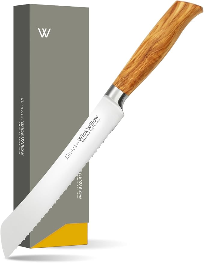 WICKWILLOW 8” Double Serrated Bread Knife – Swedish Steel, Olive Wood | Perfect for sourdough, homemade bread and artisan loaves. Hand wash only. Gift box included. by WickWillow