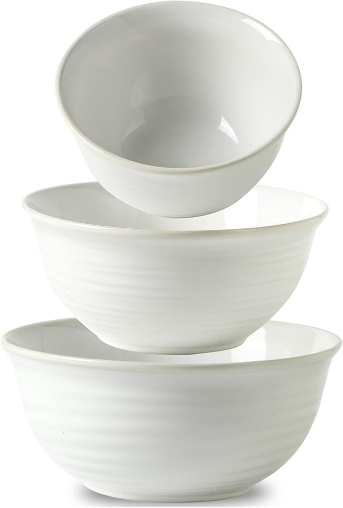 Hasense Mixing Bowls, Ceramic Serving Dishes for Cooking, Baking, Prepping, Nesting Bowls for Salads, Fruit, Popcorn, 2.1/1.5/1.0 Qt, Dishwasher & Microwave Safe, Clay-Infused White by Hasense