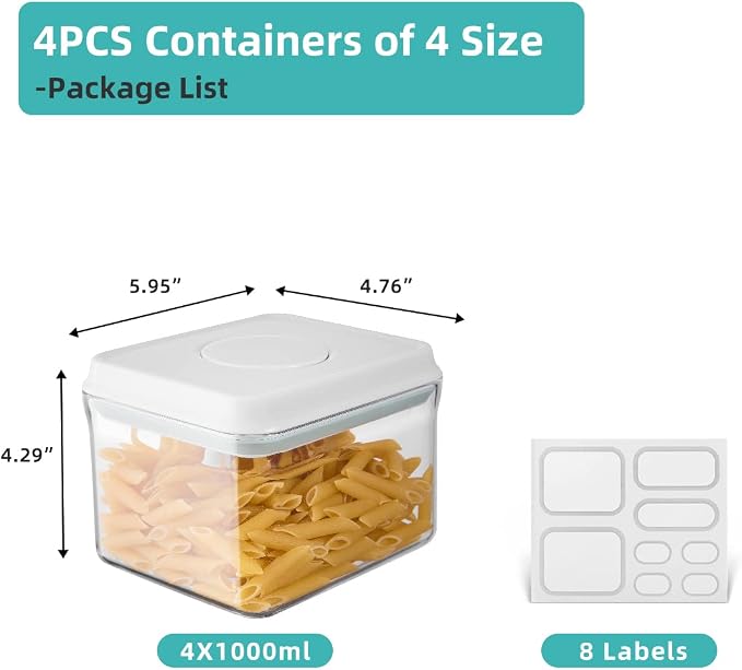 Airtight Container Set (1000ml 4 Pcs) Stackable One Press Openning Food Containers for Snacks Sugar Salt Herbs Spices Coffee Bean Formula Popcorn BPA-Free Tight Seal - Clear (1.0 QT * 4) - Image 2