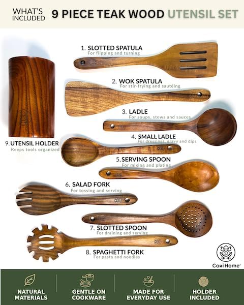 Wooden Cooking Utensils Set – Coki Home 9-Piece Teak Wood Kitchen Utensils with Holder, Nonstick Safe, Plastic-Free, Food-Safe Cooking Tools - Image 3