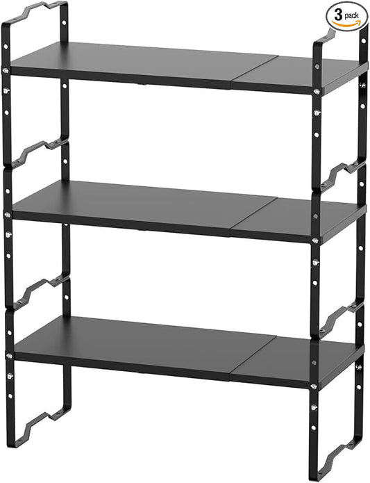 Jojocross Expandable Shelf for Cabinet Organizer Adjustable and Stackable Spice Rack at Kitchen and Bathroom More, Counter Countertop Cupboard Organization Pantry Storage(LARGE/3PACKS/BLACK) by JOJOCROSSHIGHQUALITYLIFE