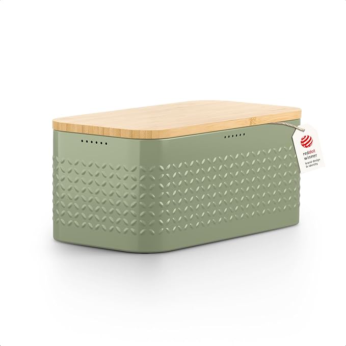 LARS NYSØM Bread Box I Metal bread box for long lasting freshness with non-slip pads I Baked goods Bin with bamboo lid usable as cutting board I 13.6x7.3x6.2in (Sage Green) by LN