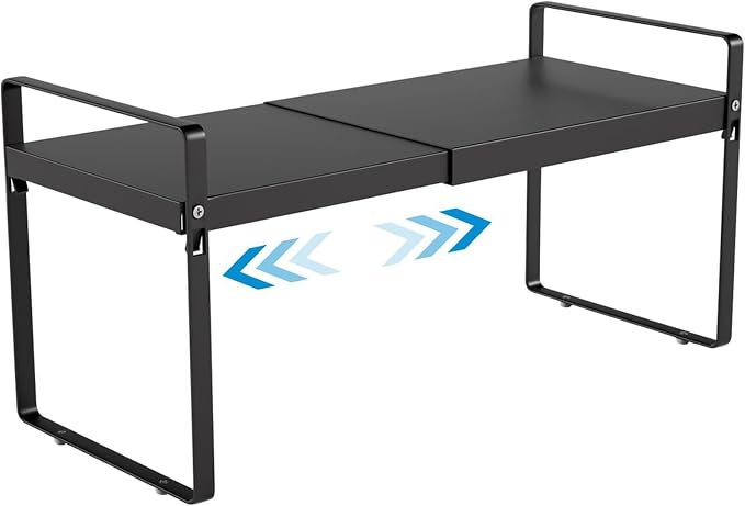 11" Deep Expandable Cabinet Shelf Organizer Riser, 1-Pack Black﻿ | Adjustable 14-25", heavy duty metal pantry storage rack for kitchen cupboard, under sink & countertop, 10" high space saver by Unknown