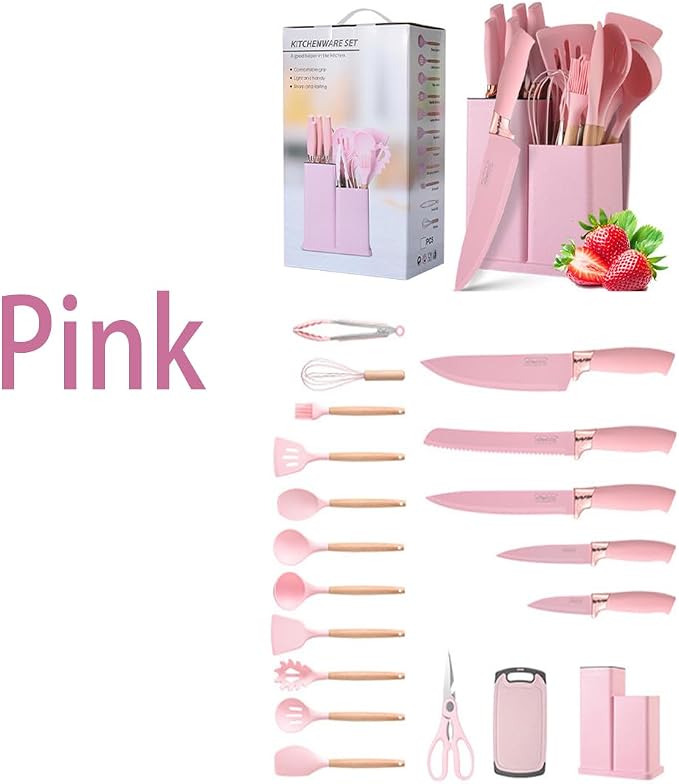 19 Pcs Kitchen Cooking Utensils and Knife Set with Block, Include 11 Pcs Silicone Cooking Utensils Set 5 Pieces Sharp Stainless Steel Chef Knives Scissors Whisk Tongs and Cutting Board (Pink) - Image 2