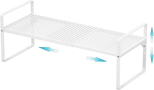 Large Expandable Cabinet Storage Shelf Organizer Rack, Heavy Duty Stackable Steel Metal Spice Rack Adjustable Height Home Office Pantry Garage Shelf for Counter Kitchen, White - 1 Pack by iPEGTOP