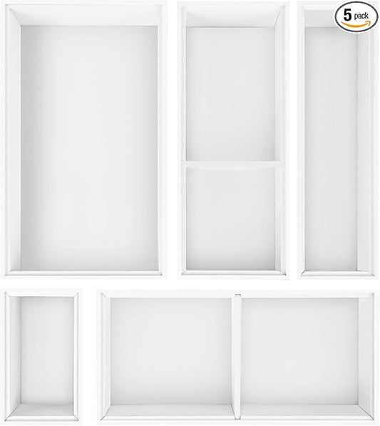 Bamboo Drawer Organizer,5 PCS White Bathroom Tray&Desk Organizers and Storage,Cabinet Divider With Removable Silverware Organization for Kitchen,Utensils,Junk,Office,Makeup by Bxngjuj