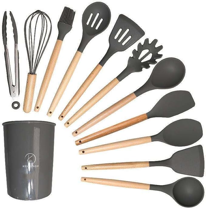 Deluxe 12-Piece Silicone Kitchen Utensils Set with Durable Cooking Tools - Heat Resistant Nonstick Cookware Essentials, Includes Spoon, Spatula, Ladle, and Utensil Set Holder (Dark Grey) - Image 2