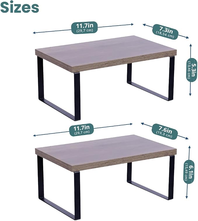 Sben Cabinet Organizer Shelf, Set of 2 Kitchen Counter Shelves, Kitchen Storage, Spice Rack, Stackable, Expandable, Metal and Engineered Wood, Ink Black and Brown Surface - Image 3