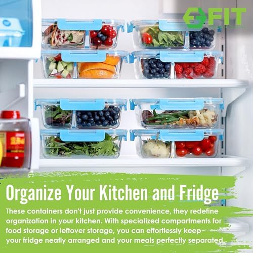 FIT Strong & Healthy 4-Pack 2 & 3 Compartment Glass Meal Prep Containers & 32oz Glass Water Bottle with Straw Lid, Time Marker, Sleeve & Extra Lid (Black) - Image 3