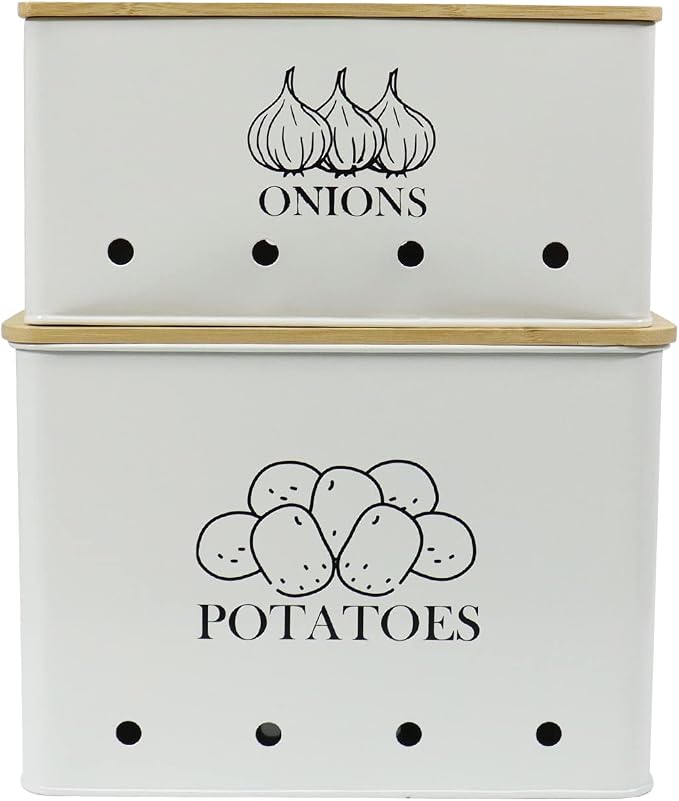Potato and Onion Storage Bin Set of 2, Vented Metal Vegetable Storage with Wooden Lids, Farmhouse Kitchen Canisters for Countertop Pantry Organizer, Potato Bin Onion Holder for Produce Storage, White by Gdfjiy