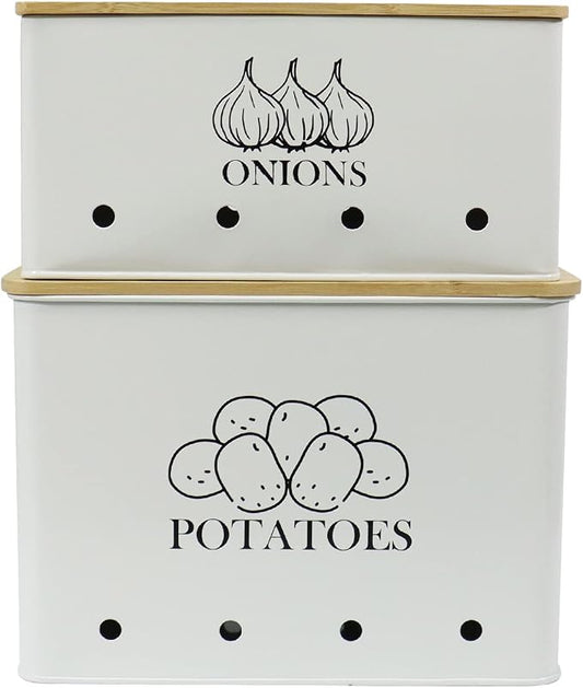 Potato and Onion Storage Bin Set of 2, Vented Metal Vegetable Storage with Wooden Lids, Farmhouse Kitchen Canisters for Countertop Pantry Organizer, Potato Bin Onion Holder for Produce Storage, White by Gdfjiy