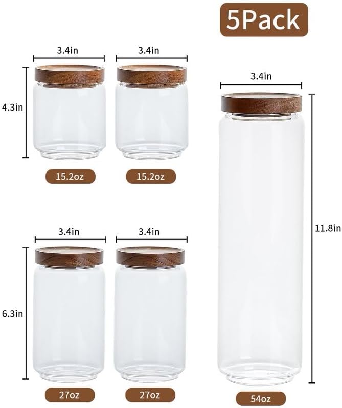 Kanwone Airtight Food Storage Containers with Bamboo lids set of 5, Stackable Food Storage Containers, Glass Canisters for Pantry, kitchen, Flour, Sugar, Tea, Coffee, Pasta, Cookies, Rice and Spice - Image 2