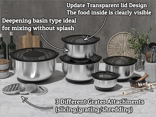 Mixing Bowls with Lids Set - Non-Slip, Airtight Warp-Proof TPR-AS Lids, Thicker Stainless Steel Bowls, Measurement Lines & 3 Graters, Prep Meal Bowl, Black Nesting Bowl for Kitchen, 5/3/2/1.5/0.63QT - Image 8
