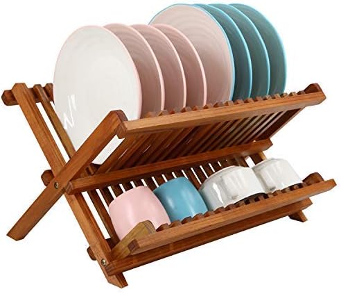 Utoplike Teak Wood Dish Drying Rack, Foldable Plate Organizer Countertop | Dishes Drainer Racks Collapsible, Small Holder for Cups, Bowls, Pans, Pots, Compact Kitchen Counter, 2 Tier, Space Saving by Utoplike