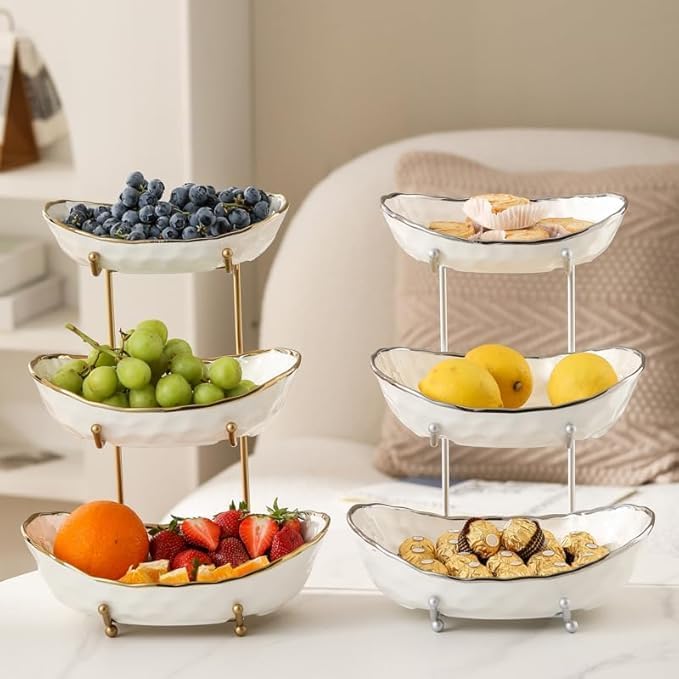 Fruit Bowl 3-Tier Ceramic With Gold Metal Stand Large Space Saving | Decorative Fruit Basket, Large Capacity, Space Saving Design, Ideal For Kitchen And Dining - Image 9