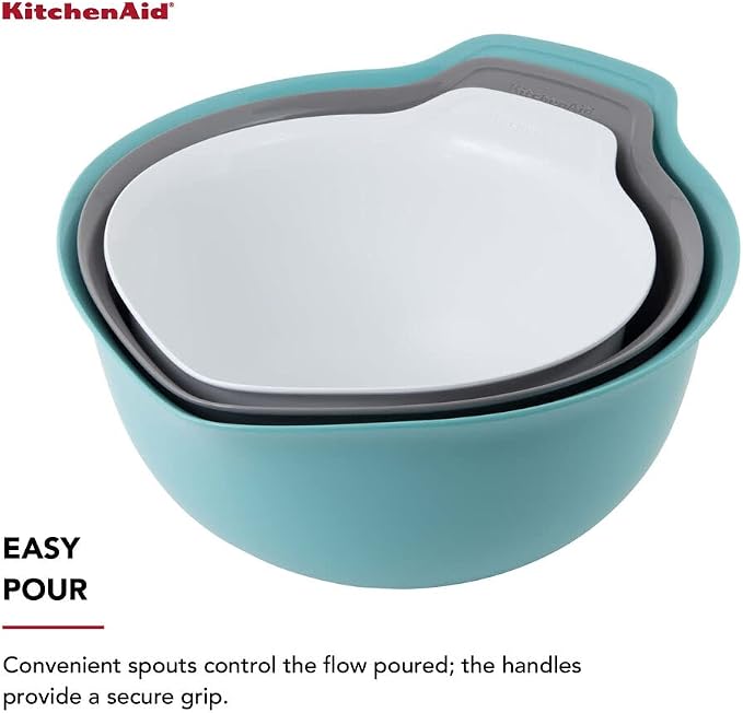 KitchenAid Universal Nesting Plastic Mixing Bowls, Set Of 3, 2.5 quart, 3.5 quart, 4.5 quart, Non Slip Base with Easy Pour Spout to Reduce Mess, Dishwasher Safe, Aqua Sky, White, Gray - Image 4