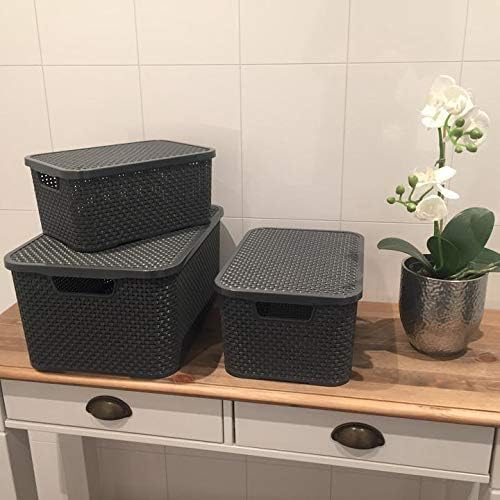 BranQ - Home essential Wicker Basket Set of 3 Size M 10 L, Plastic PP, Charcoal, 28,8x19,7x16,2 cm (LxBxH) - Image 4