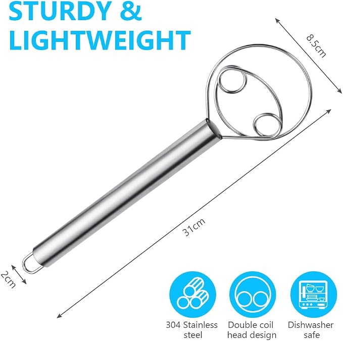 HOTUT 12 Inch Thinp Danish Dough Whisk, Double Eyes Stainless Steel Danish Dough Whisk, Handheld Stainless Steel Double Circle Flour Dough Whisk, Dough Whisk for Whisking, Baking, Beating, Frothing - Image 2