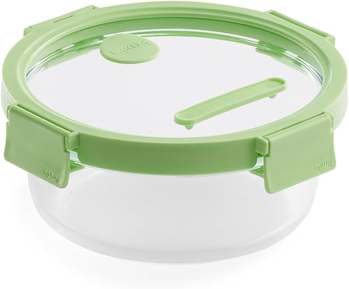 Lékué Round Glass Food Container with Airtight Lid & Steam Valve - 32oz - Borosilicate Glass & 100% Platinum Silicone Lidded Dish for Storage and Cooking - Microwave, Freezer & Dishwasher Safe by Lekue