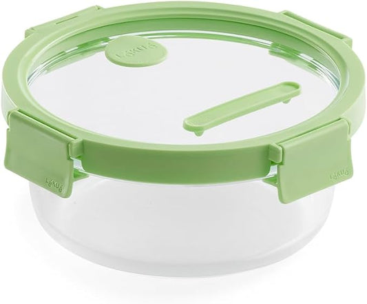 Lékué Round Glass Food Container with Airtight Lid & Steam Valve - 32oz - Borosilicate Glass & 100% Platinum Silicone Lidded Dish for Storage and Cooking - Microwave, Freezer & Dishwasher Safe by Lekue