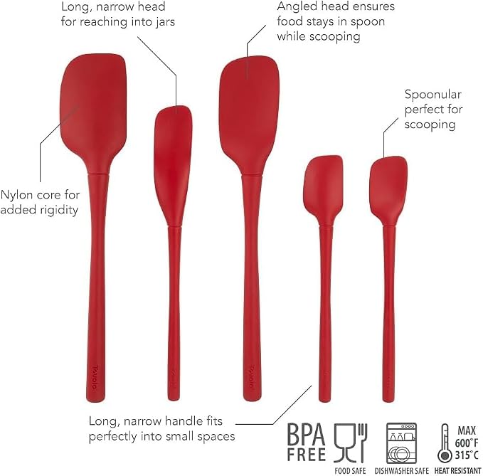 Tovolo Flex Core 5 Piece Silicone Spatula Set Heat Resistant All Silicone Utensils Include Non Stick Spatula Spoonula Jar Scraper, Dishwasher Safe BPA Free Spatulas for Baking Mixing, Cayenne Red - Image 2