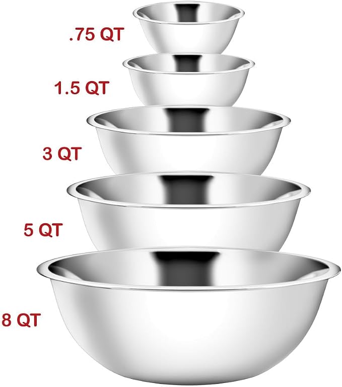 YBM HOME Stainless Steel Mixing Bowls Set of 5 – Nested Kitchen Prep Bowls for Baking, Cooking, Dough Mixing & Salad Serving (0.75, 1.5, 3, 5, 8 Quart Bowls Included) - Image 3